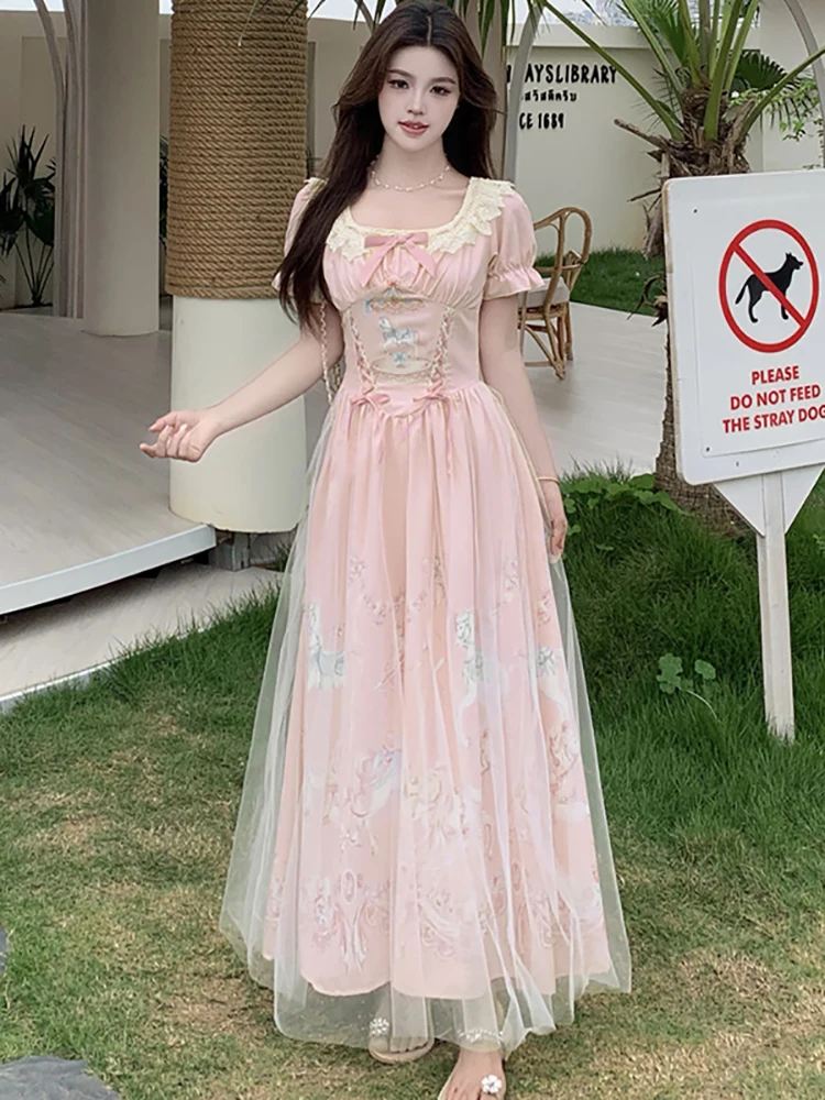 2026 New Pink Mesh Floral Puff Sleeve Long Dress Summer Bow Lace Sqaure Collar Y2k Dress Women Korean Fashion Elegant Prom Dress