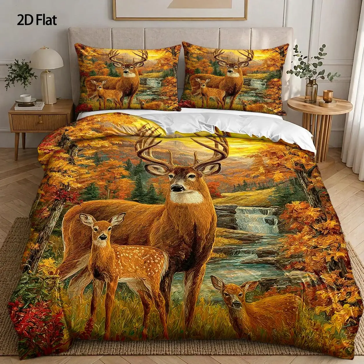 3Pc Autumn Forest Deer Herd Realistic Style Bedding Set (1*Duvet Cover + 2*Pillowcases), Suitable for All Seasons, Machine Washable, Hidden Zipper Design, Large Personal Bed Cover Set, Suitable for Home, Dorm, Master Bedroom, Guest Room, Cool Motorcycle Aurora Snow Mountain Print, Three-Piece Bedding Set, Trendy Motorcycle Style Bedding, Waterproof Quick-Dry Bedding, Nordic Mountain Moonlight Bedding, Dynamic Cycling Elements Duvet Cover, Comfortable and Skin-Friendly