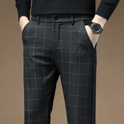 Brand Clothing 2024 Autumn Thick Style Plaid Work Stretch Pants Men Business Fashion Slim Grey Party Casual Pant Trousers Male