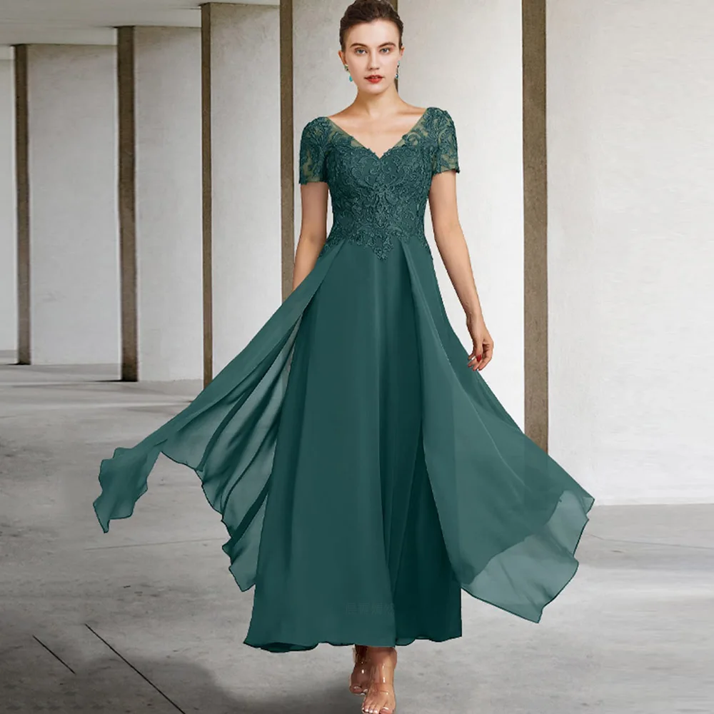 Green Mother of the Bride Dresses 2022 Short Sleeves Chiffon Wedding Guest Gowns A-Line Elegant Dress Women For Wedding Party