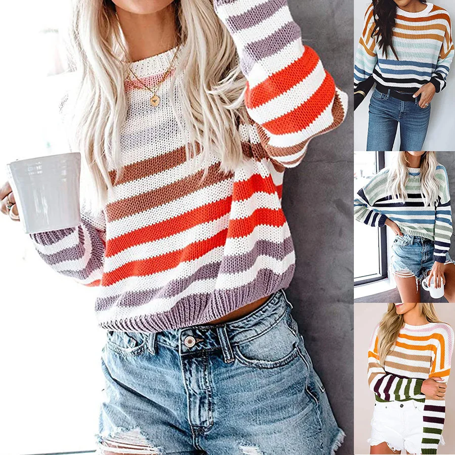 

2025 Autumn Winter Women's Striped Color Block Knit Sweater Oversized Pullover Casual Cozy Student Top