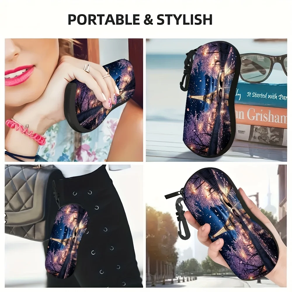 1pc Paris in Springtime Print Zippered Glasses Case with Keychain Eiffel Tower Cherry Blossoms Starry Night Design
