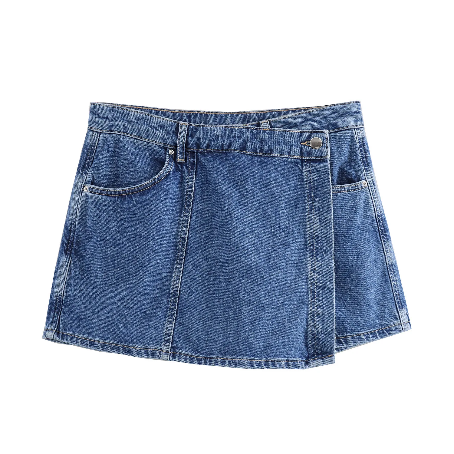 2024 New Fashion Flip Pocket Decoration Short Flip Collar Slim Fit Denim Top + Asymmetric Denim Mini Skirt 2 Piece Set Outfits