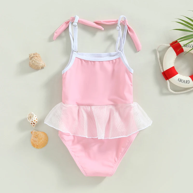 Yiiciovy 1-6 Years Toddler Kids Girls Princess Swimsuit Sweet Sleeveless Bandage Strap Tulle Swimwears Summer Beach Bodysuits