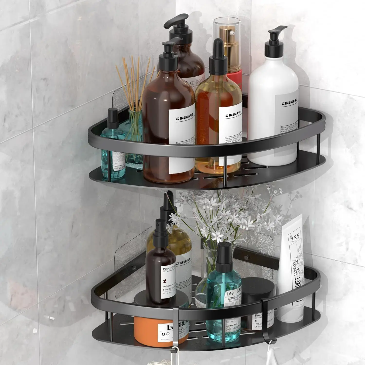 2Pcs Bathroom Shelf Makeup Storage Organizer Aluminum Alloy Shampoo Rack Shower Shelf Bathroom Accessories No Drill Wall Shelf