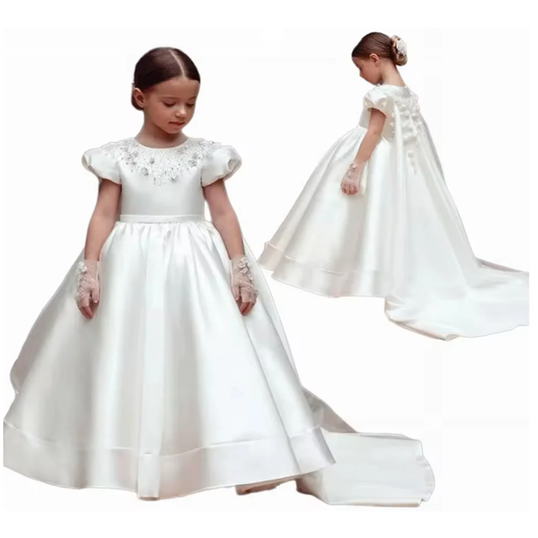 

Роскошное платье с цветочным узором для девочек, свадебные кристаллы, длинные платья принцессы для причастия, с коротким рукавом, до щиколотки, с скользящим шлейфом, элегантное стильное платье