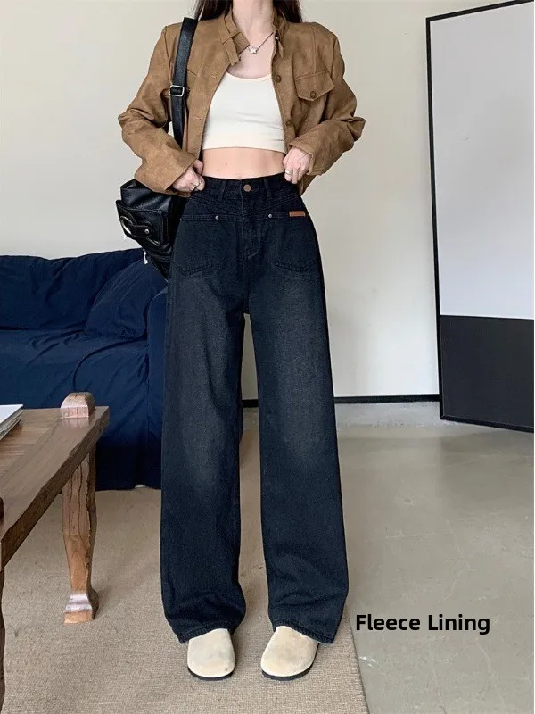 

plus Size Casual High Waist Straight Leg Denim Jeans Women's Autumn Winter New Style Retro Loose Slimming Design Wide Leg Pants