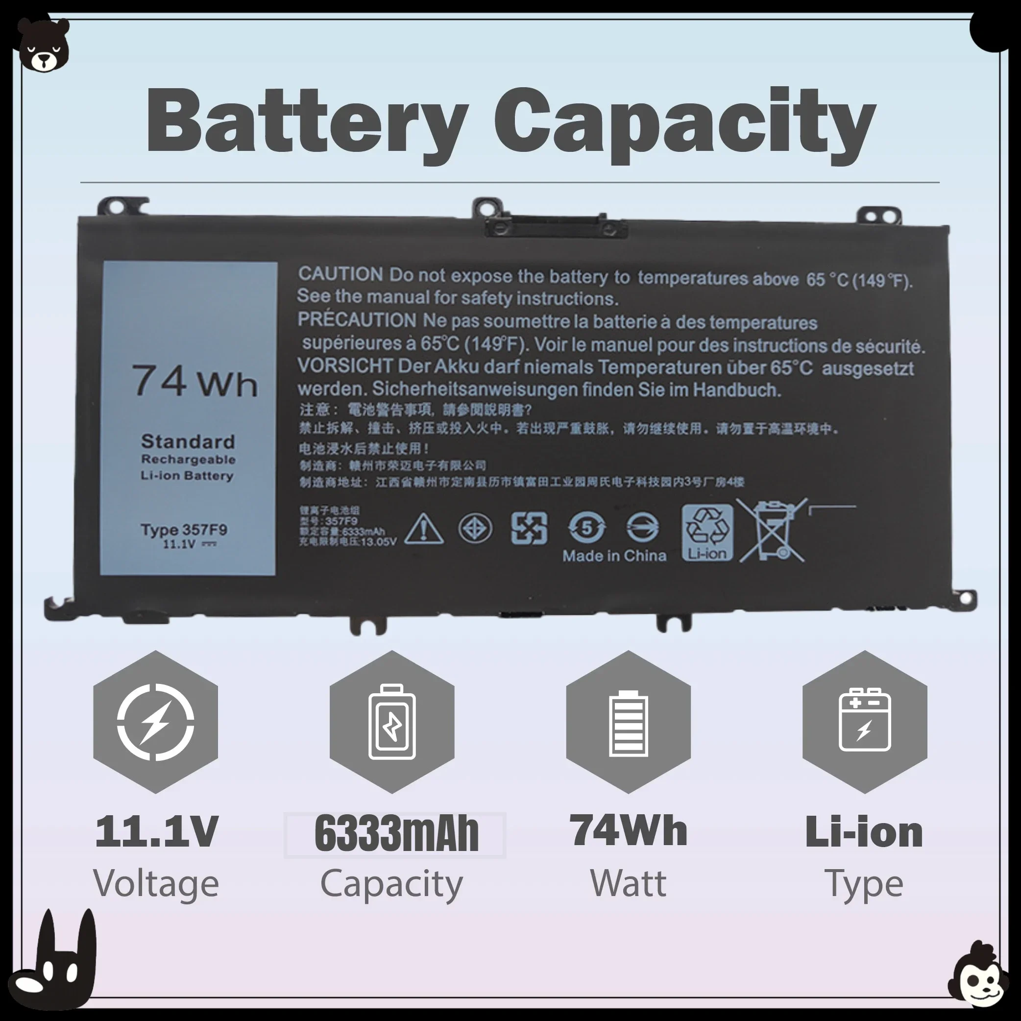 

New 11.1V 6333mAh 357F9 Laptop Battery Replacement For Dell Inspiron 15 7000 Gaming 15 357F9 7000 7559 7566 7567 7759