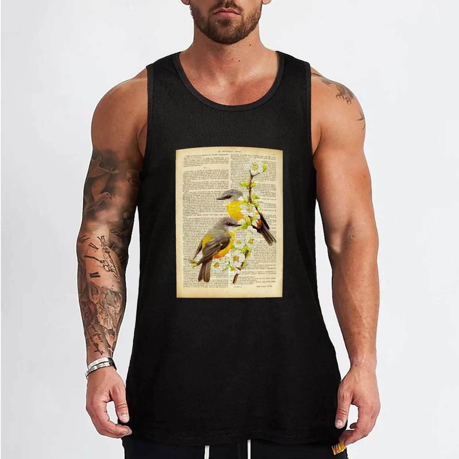 botanical print on old book page - spring birds Tank Top Sports clothing Men's summer t-shirt