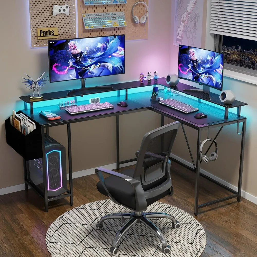 L Shaped Desk,L Shaped Game Desk with Power Outlets,LED Lights,Desk with Monitor Stand,Storage Bag, Desk Corner Desk with Hooks