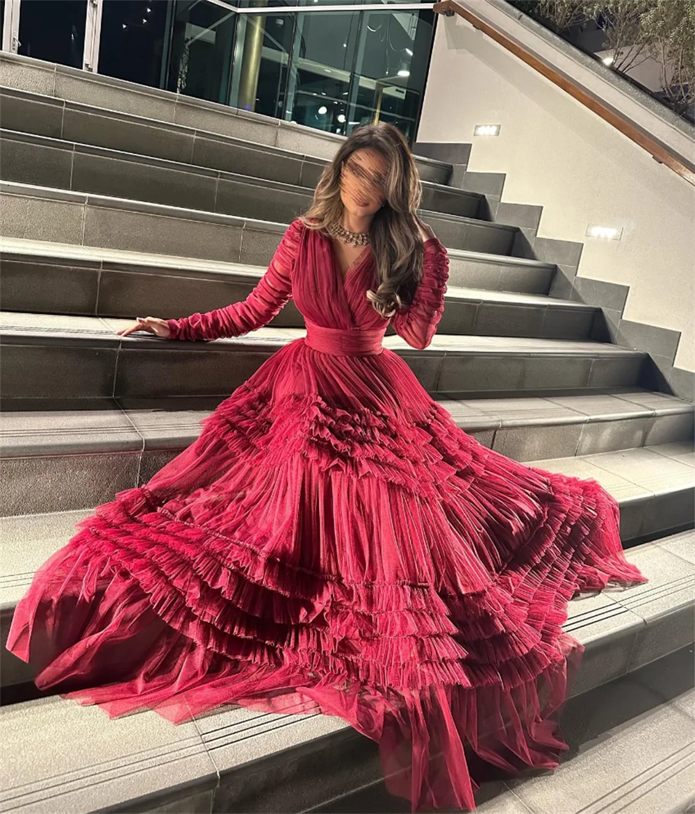 Annie Burgundy ชุดราตรีแขนยาว Tulle Layering ชุดราตรี FBساتة Elegant Lady Party Dresses ที่กําหนดเอง