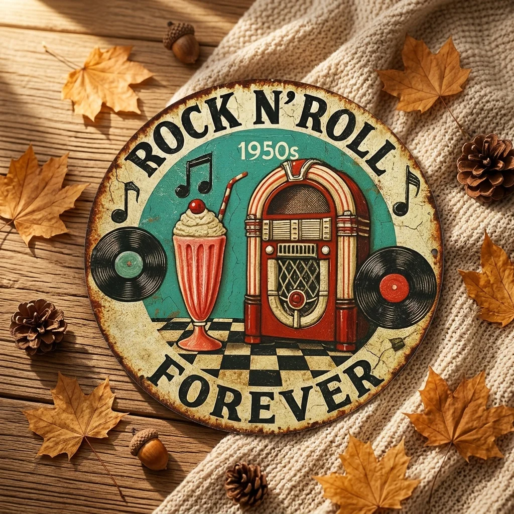 2D Flat, 2D Flat Wood Print, Vintage 1950s Rock and Roll Wall Decor - Vintage Truck and Rock and Roll Sign, Wooden Wall Decorati
