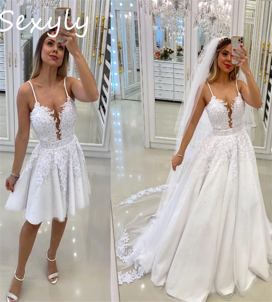 2 Piece Removable Tail Short Wedding Dress Detachable Spaghetti Strap Bohemian Bridal Dress 2025 Beaded Civil Beach Customized