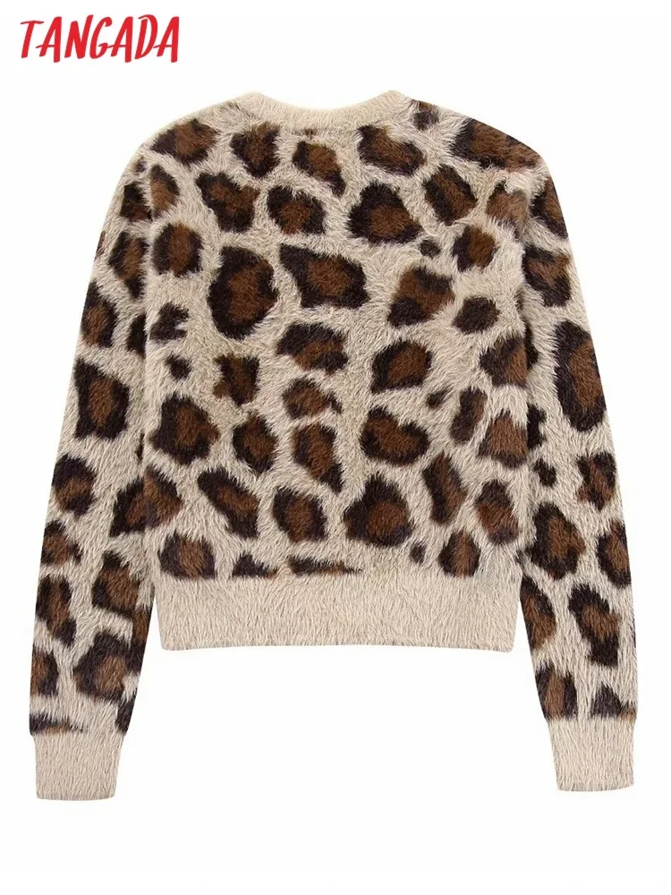 Tangada New Women Leopard Oversized Crop Knit Cardigan Sweaters Female Jumper Outwear BE184