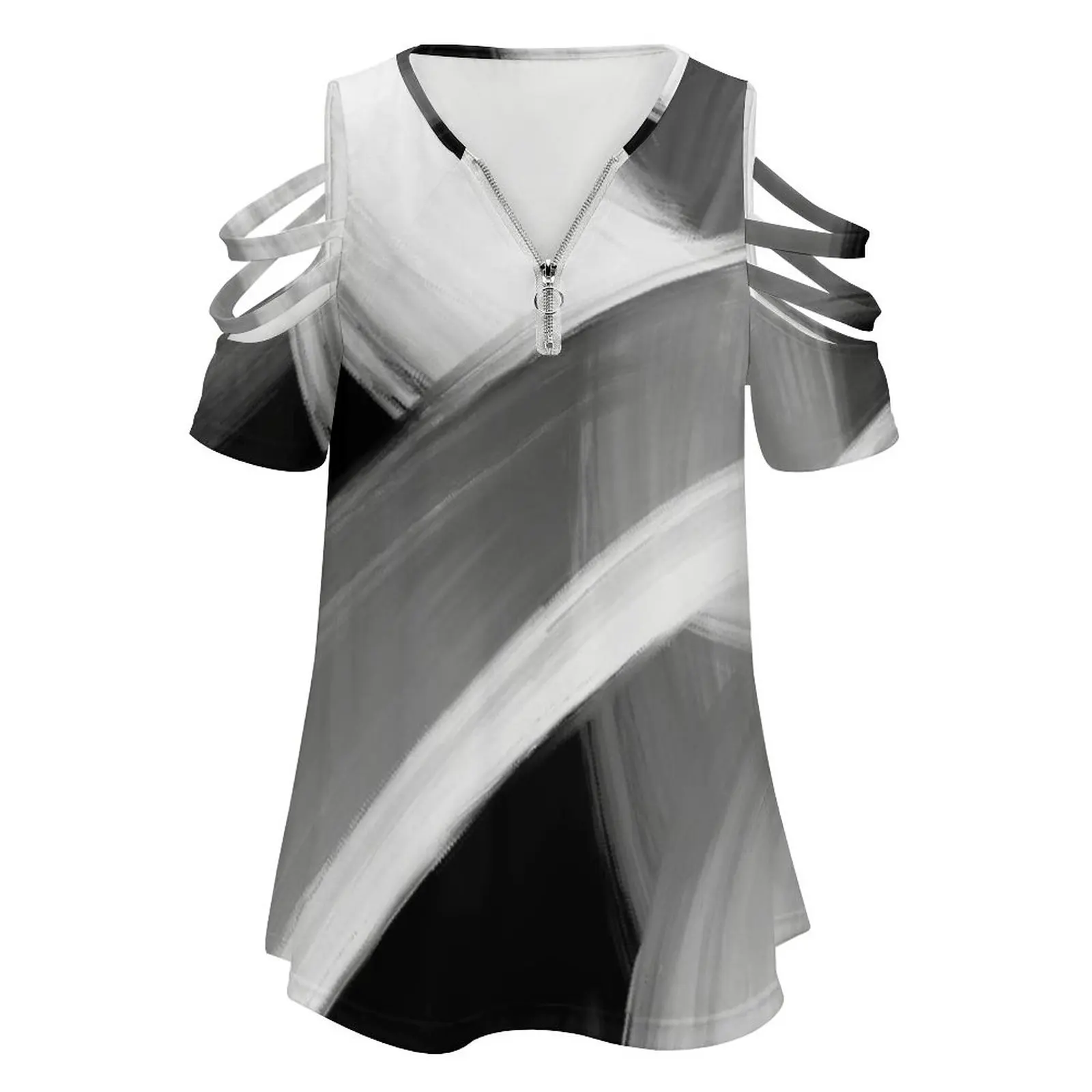 Black And White Fine Art Painted Abstract New Fashion Zip Off Shoulder Top Short-Sleeve Women Shirt Black And White Painted