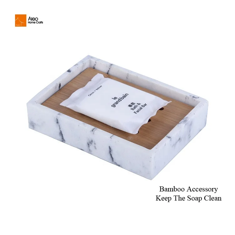 Wholesale Modern Design Large Size Rectangle Bathroom White Polyresin Marble Soap Holder With Bamboo Accessory Drain Soap Dish