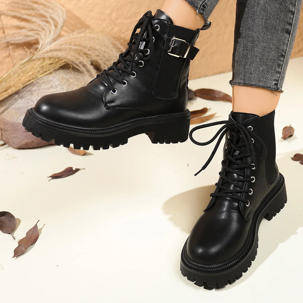 2026omen's Boots Classic Black Casual Leather Boots Lace Up Ankle Boots for Women Non-slip Platform Booties Botines Para Mujeres
