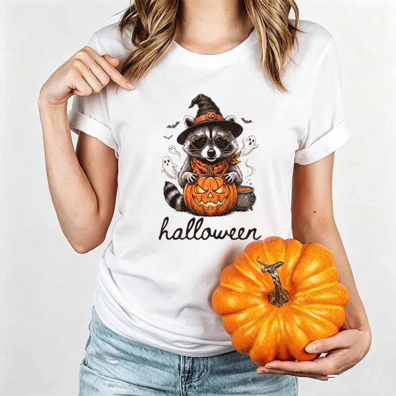 Halloween Raccoon Witch Hat Pumpkin Ghost Bat Art Print Graphic Womens T Shirt Short Sleeve Crew Neck Casual Ladies Tee Tops