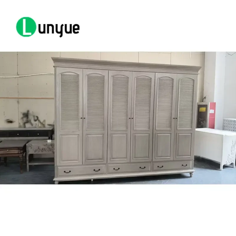 Vintage French Country Solid Wood 6 Door Wardrobe with Blinds Grey Wash Finish 3 Drawers Bedroom Storage Furniture