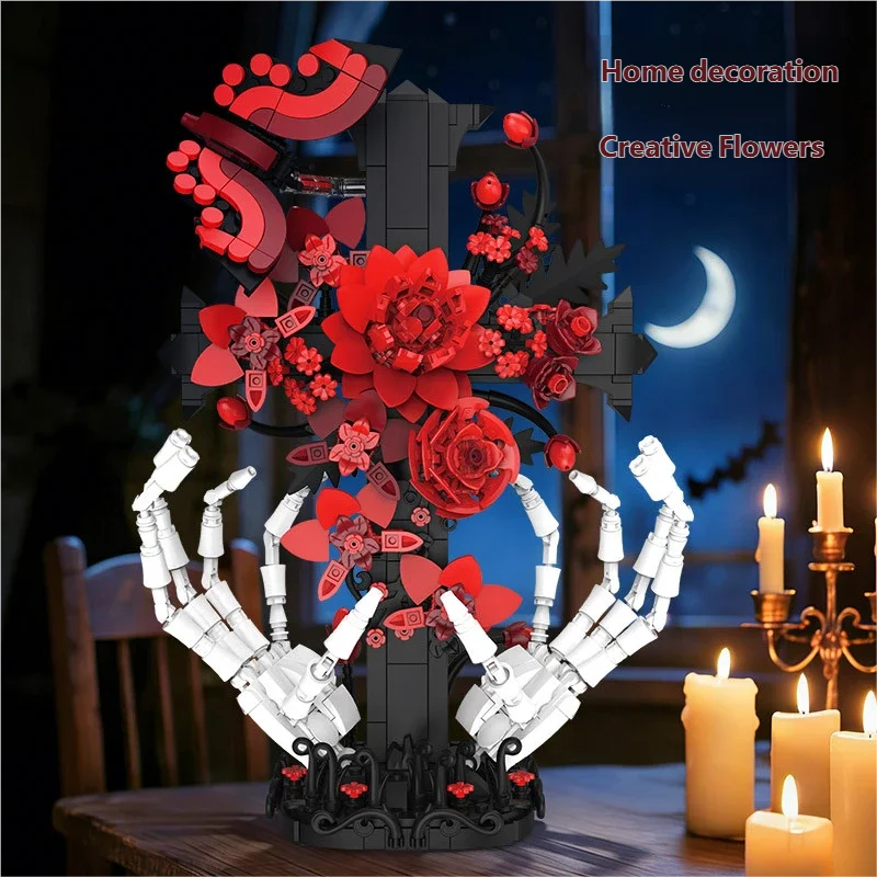 

Gothic Skull Hand Rose Cross MOC Building Blocks Floral Model Ornament Table Centerpiece For Women Teens Spooky Halloween Gift