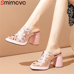 Smirnova 2026 New Thick High Heels Platform Shoes Mixed Color Genuine Leather Women Slippers Ladies Summer Flower Slippers