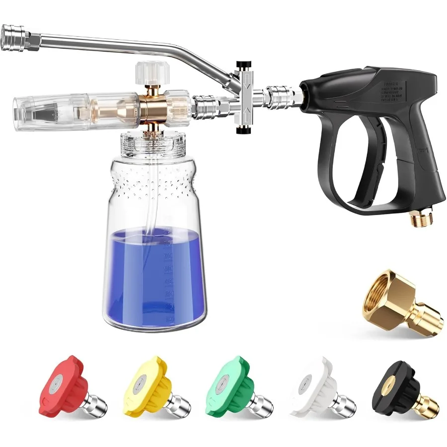 Kurze Hochdruckreiniger-Pistole mit Schaumkanone 1/4 Zoll Schnellkupplung mit 5 Hochdruckreiniger-Düsenaufsätzen 1 Liter