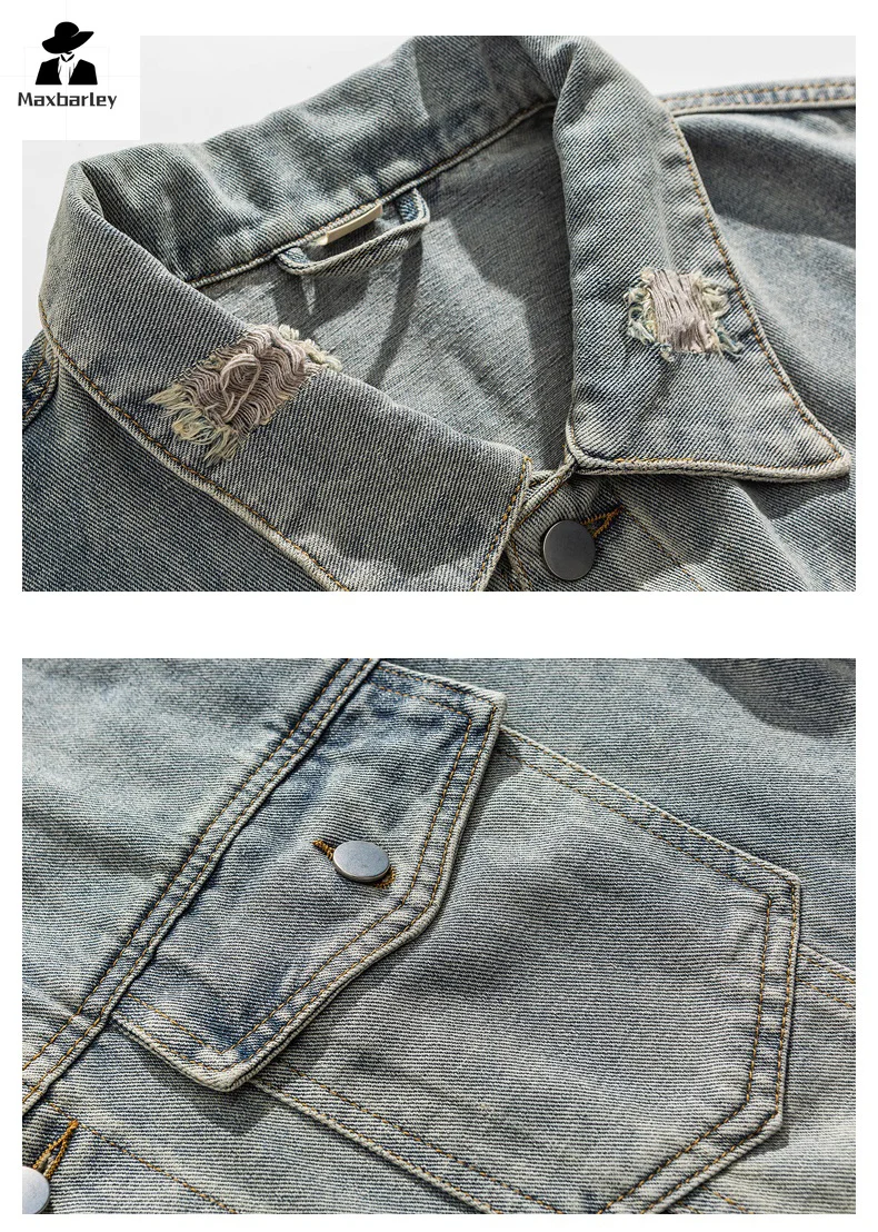 Vintage Wear Out Denim Jacket Men Women Fashion Brand Pocket Lapel Blue Denim Coat Autumn Youth Workwear Windproof Loose Jacket