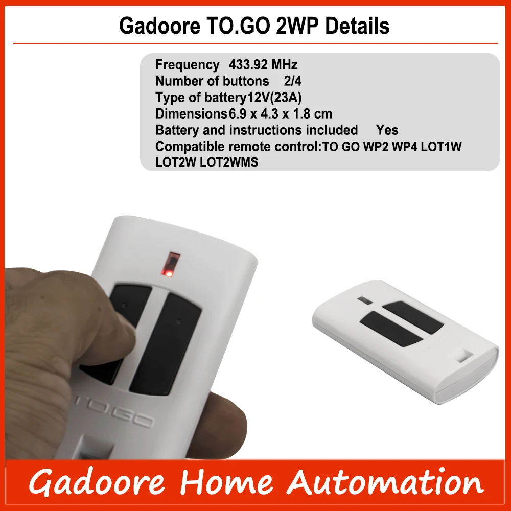 Gadoore TO.GO 2WV 2WP Garage Door Remote TO.GO 2WV TO.GO 2WP 433MHz Compatible with Beninca TO.GO 2WV 4WV TO.GO 2WP 4WP