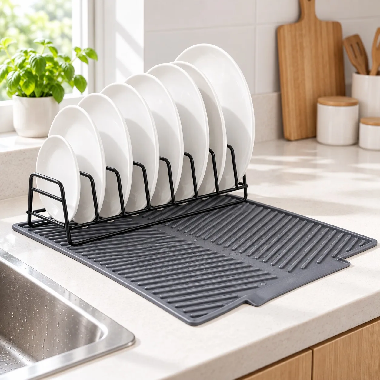 Escurridor de platos 2 en 1 con base de silicona y soporte de metal, 43 x 33 cm, sistema de drenaje automático para el fregadero de la cocina, organizador de platos.