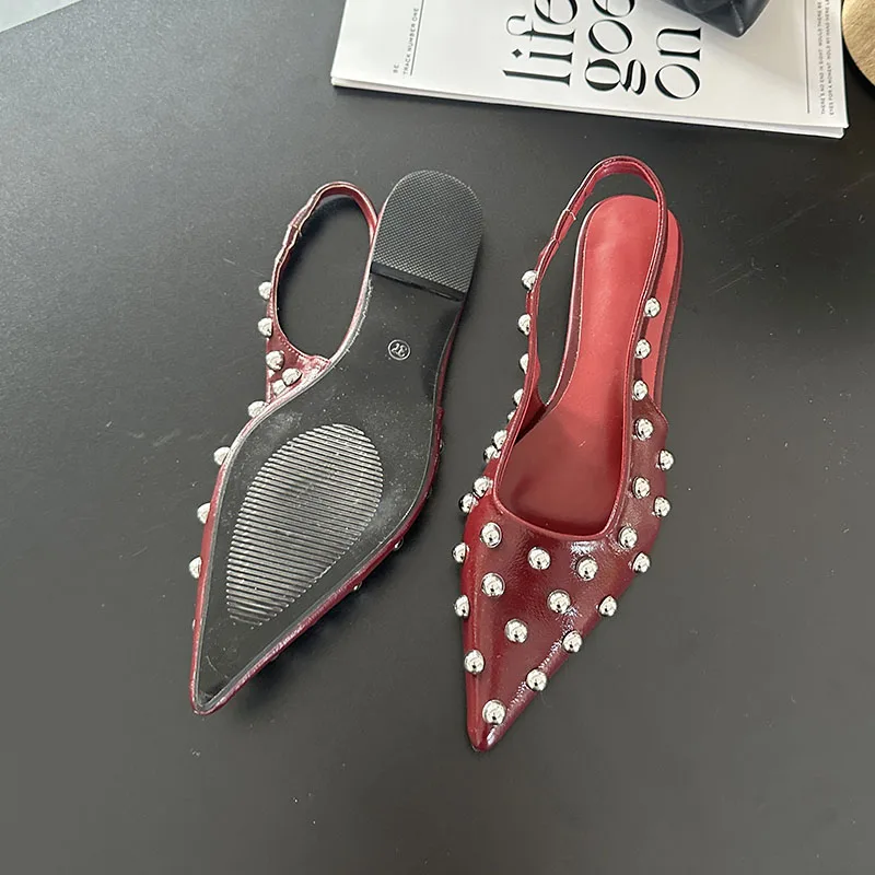

2025 New Fashion Metal Rivet Women Flats Sandals Shoes Slides Female Shallow Footwear Pointed Toe Ladies Sandals Slip On Shoes