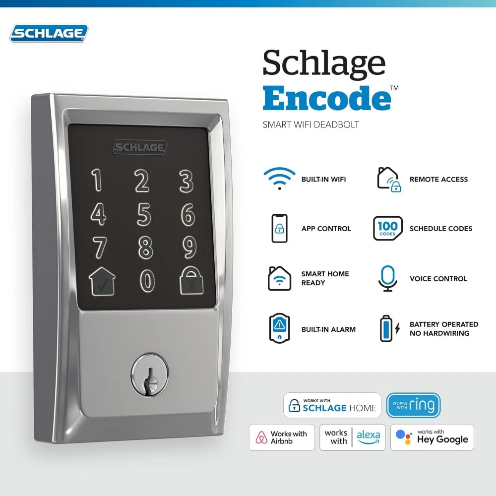 Schlage Encode Smart WiFi Deadbolt with Century Trim In Bright Chrome