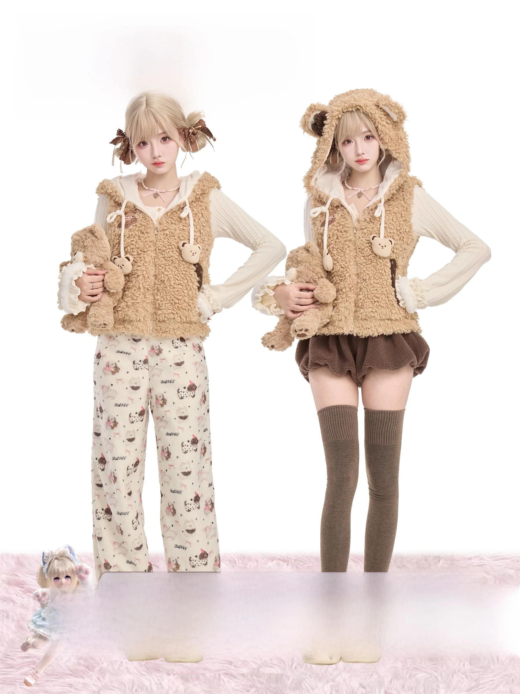 

Комплект для девочек: вязаный жилет с принтом медведя, длинные брюки, толстовка с капюшоном на молнии из флисовой ткани, кардиган без рукавов