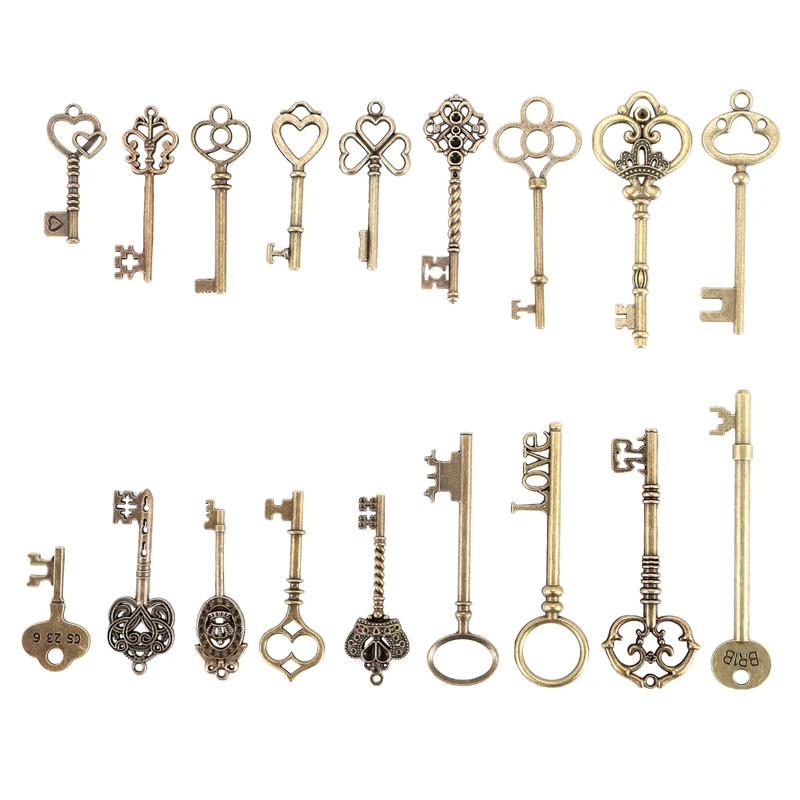 

Set Of 18 Antique Vintage Old Look Bronze Skeleton Key Heart Bow Lock Pendant