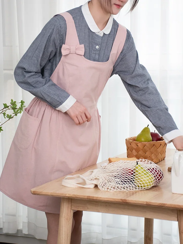 Apron Korean Style Household Kitchen Draw Flower Shop Bow Knot Solid Color Loose Baking Square Collar Pleated Pocket