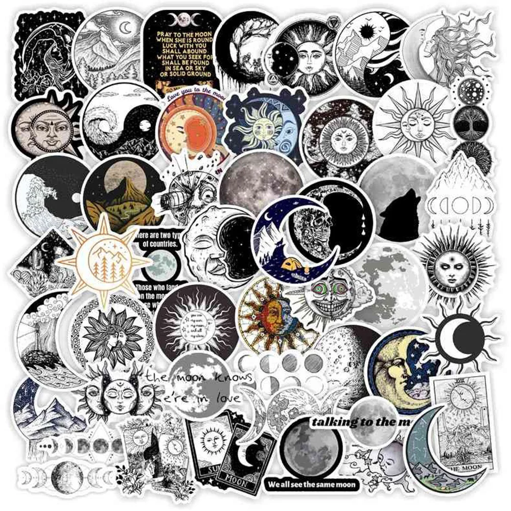 10/30/50PCS Black White Retro Moon Planet Sun Sticker DIY Phone Laptop Luggage Skateboard Graffiti Decals Fun for Kid Toys