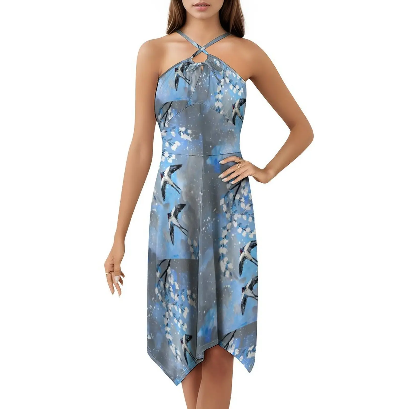 Swallows On Blue And Gray Women's Elegant Party Dress A-Line Dress With Short/Long/Sleeveless Options Swallows Bluebirds Blue