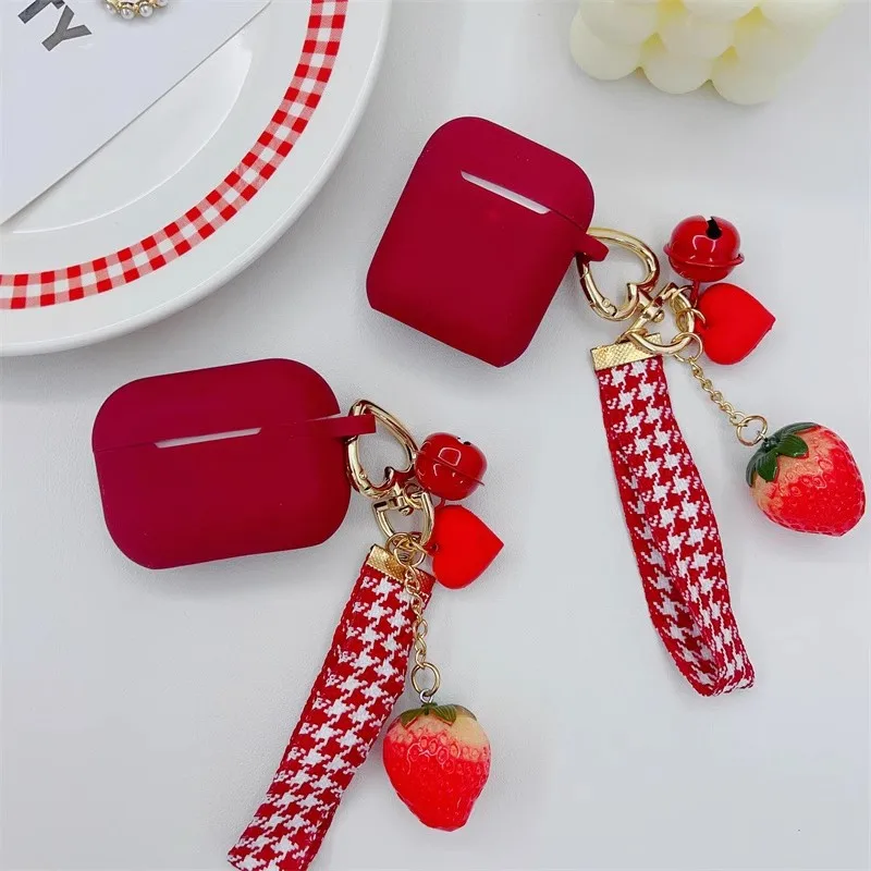 Cute Strawberry Keychain For apple AirPods 1/2/3 Case Cute Wine Red Silicone Earphone Case For AirPods 4 Pro 2 Headset Box Cover