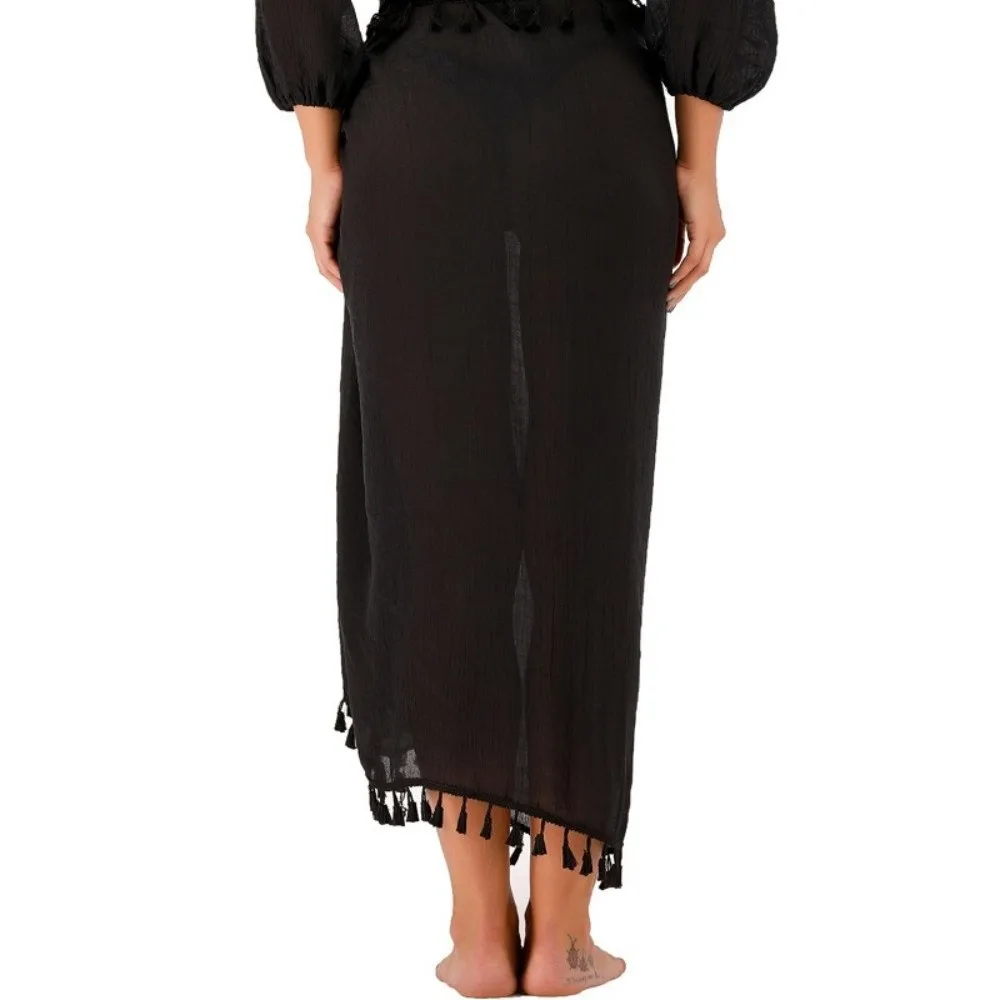 Solid Color Beach Wrap Skirt Sheer Design Tassel Trim Sarong Beach Towel Knot Side Quick Drying Swimsuit Cover Up