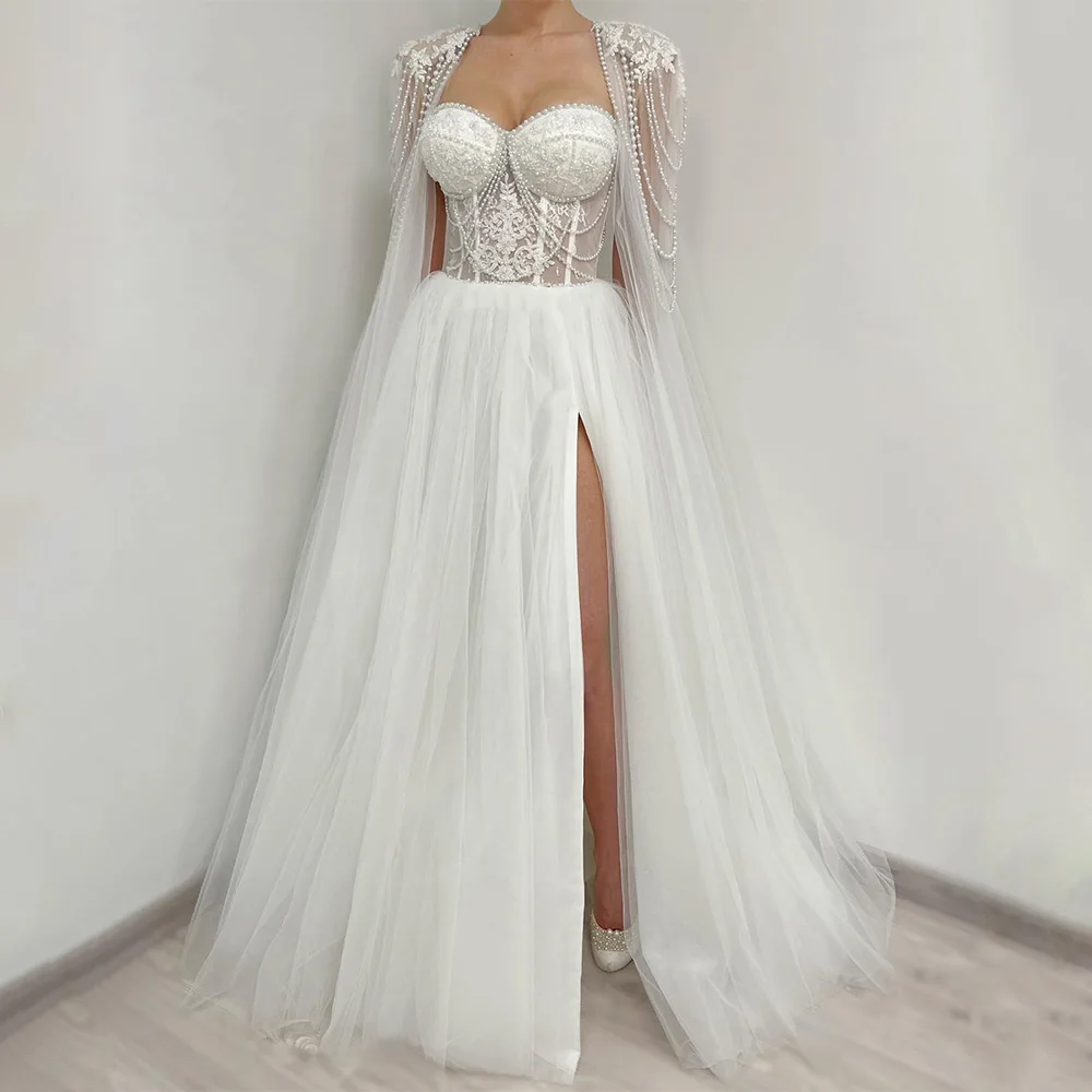 Vestido de novia con corsé de lujo, traje de novia con apliques de perlas de corazón, abertura lateral transparente, capa de tul desmontable