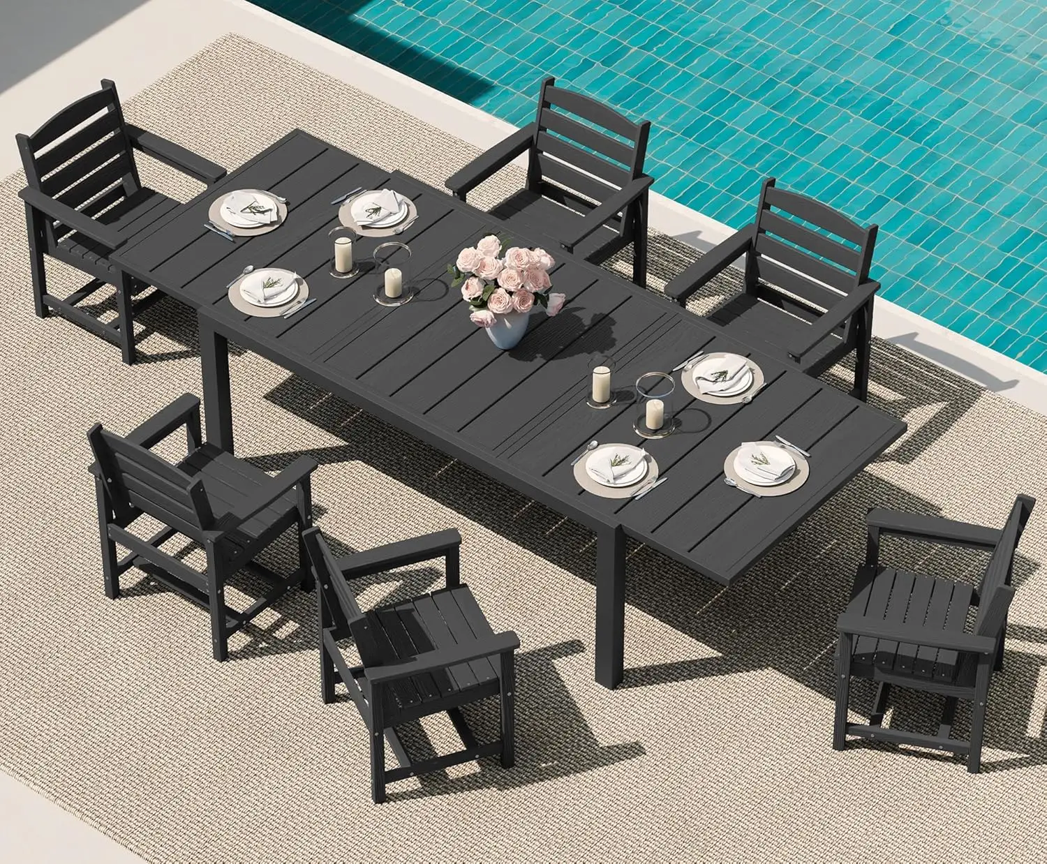 

7-Piece Patio Dining Sets, 60" - 83" Expandable Outdoor Dining Table and 6 HDPE Chairs, Garden, Black