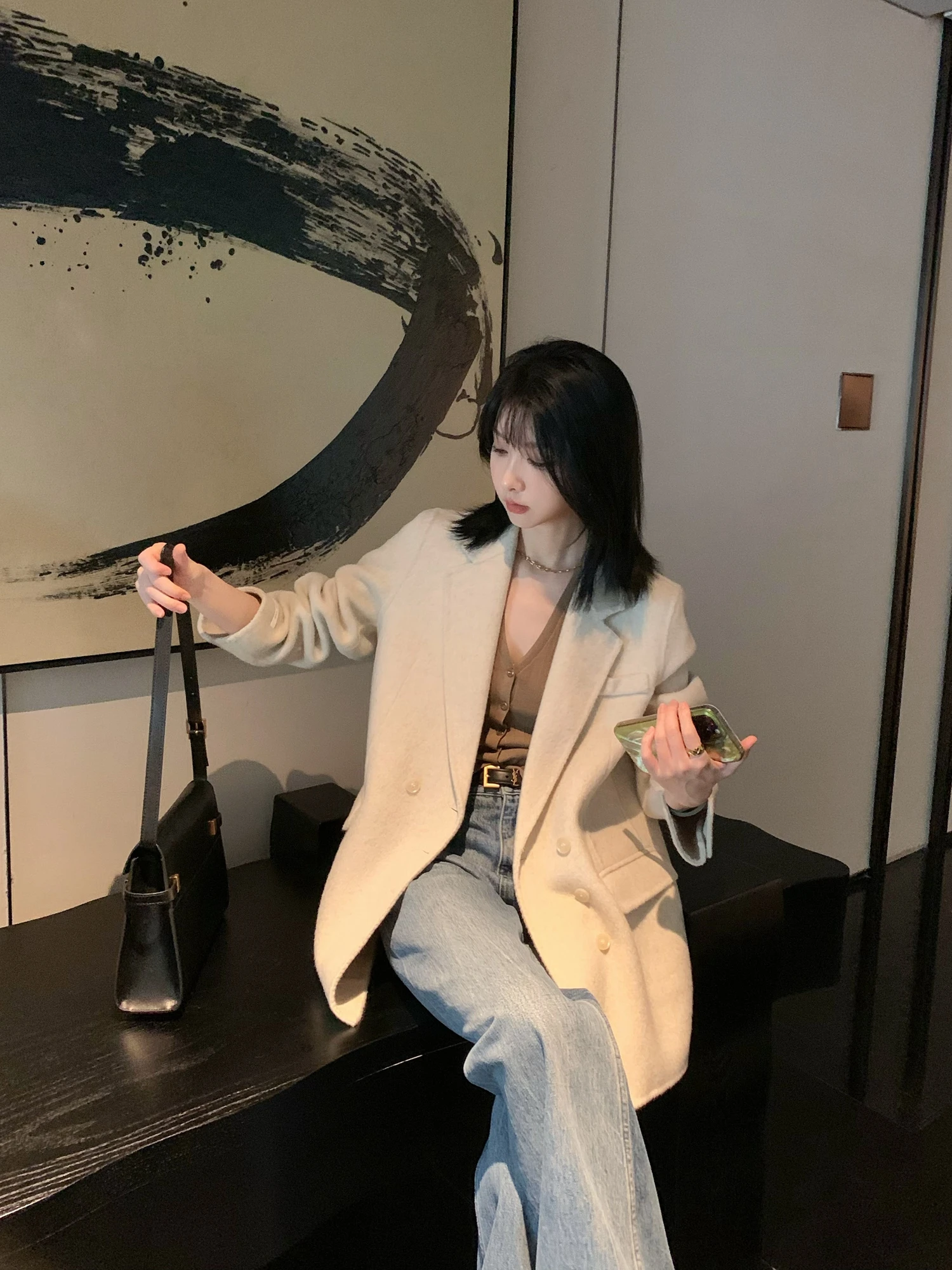 

Двустороннее шерстяное осенне-зимнее женское джето в Корейском стиле, бежевое высококачественное повседневное шерстяное пальто с плечами, верхняя одежда