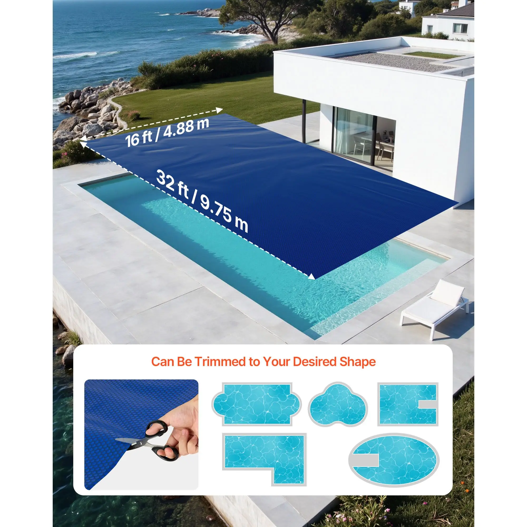 Solar Pool Cover, 32 x 16 ft Pool Bubble Cover, 16 Mil Pools Solar Blanket with Dual Heat-Locking Air Layer for Pools, Daytime H