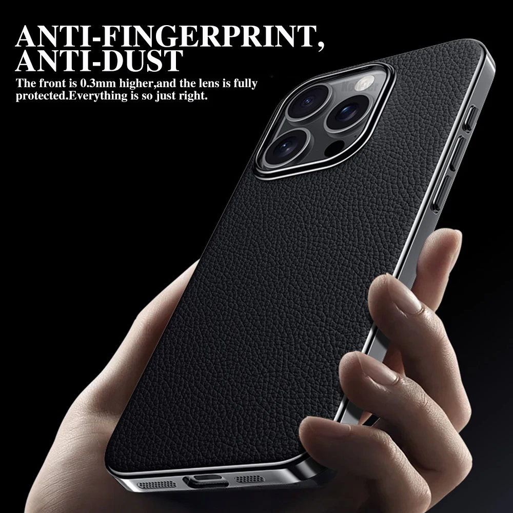 حافظة جلدية أصلية للآيفون ، جلد بقر أصلي مطلي ، نمط Lichee ، حماية للعدسة ، غطاء هاتف صلب مقاوم للصدمات ، 16 برو