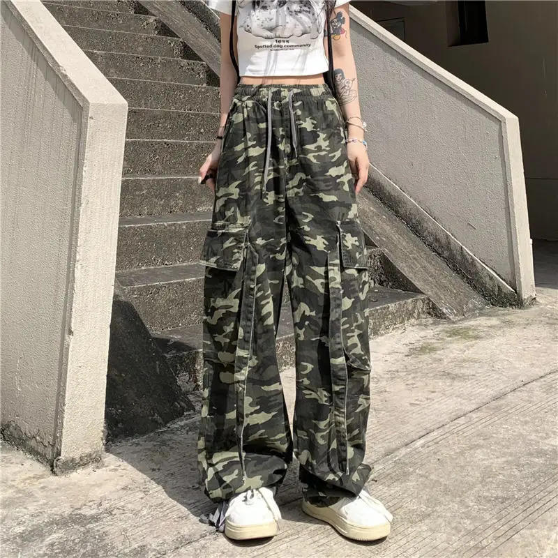 American Women Camouflage Pants Overalls Students Loose Autumn Fashion Straight High Waist Drawstring Pockets Wide Leg Trousers