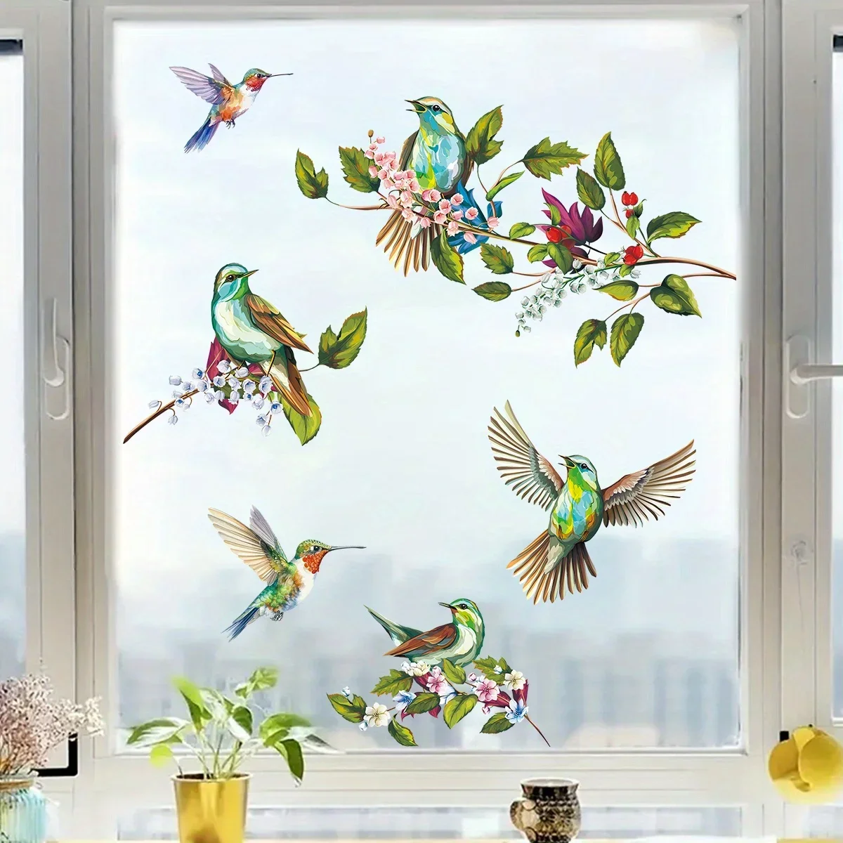 1Pc Watercolor Simulation Bird Branches Window Stickers Removable for Bedroom Living Room Decor Foyer Home Decoration Wall Decal view 2