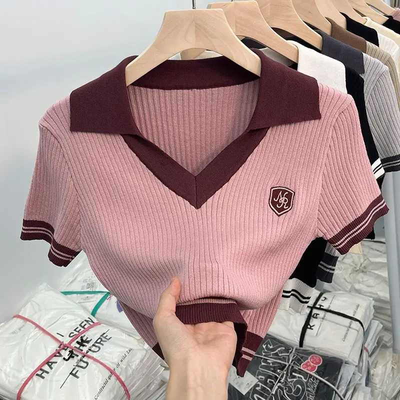 Knit Polo Shirt Short V-neck Top Designs Women's Summer Tees Spice Girls Lapel Color Combination Streetwear Womenswear Trends