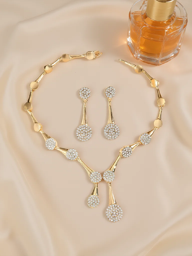 

3pcs Elegant Vintage Jewelry Set for Double Round Droplet Shape Necklace Shiny Crystal Choker Bridal Wedding Earrings Party