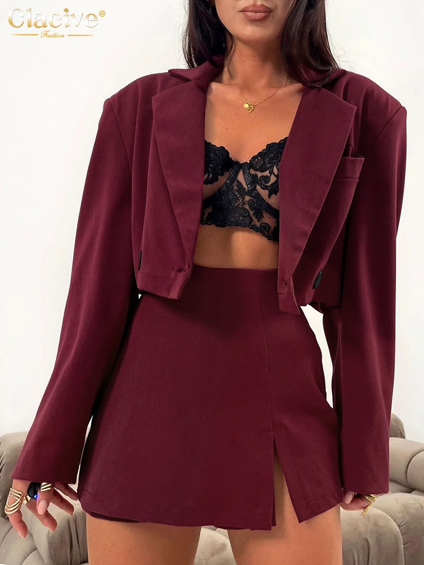 Clacive Fashion Loose Red Office Skirt Sets For Women 2 Pieces Elegant Long Sleeve Shirt With High Waist Mini Skirt Set Female