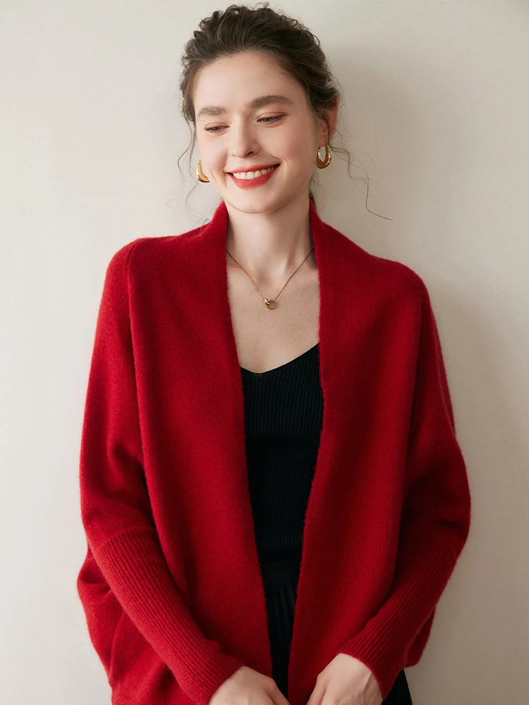 Luxury Women's Cashmere Sweater Shawl Loose Thicken Cardigan Autumn Winter 100% Cashmere Knitwear Batwing Sleeve Sweater Coat - Image 4
