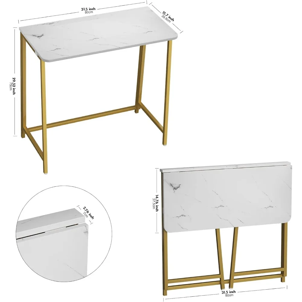 مكتب قابل للطي بمظهر رخامي بأرجل ذهبية للمساحات المدمجة، سهل التجميع، مكتب كمبيوتر محمول للاستخدام المنزلي والمكاتب